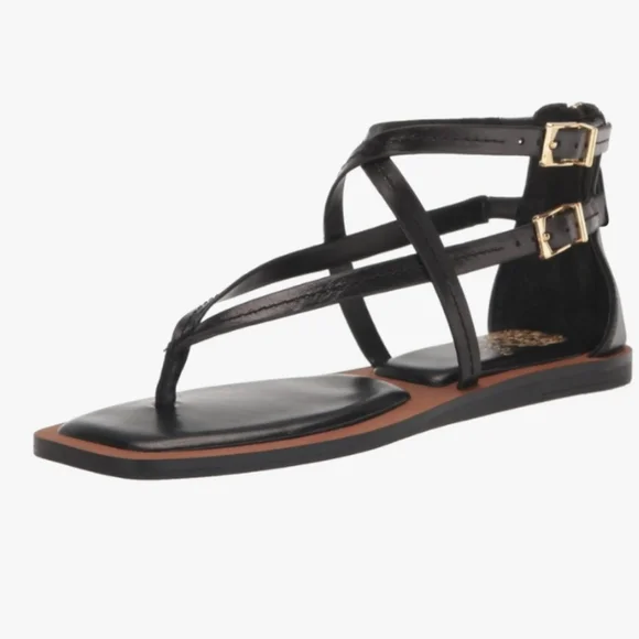 Vince Camuto Black Leather Brenndie Buckle Sandal Flat Size 71/2